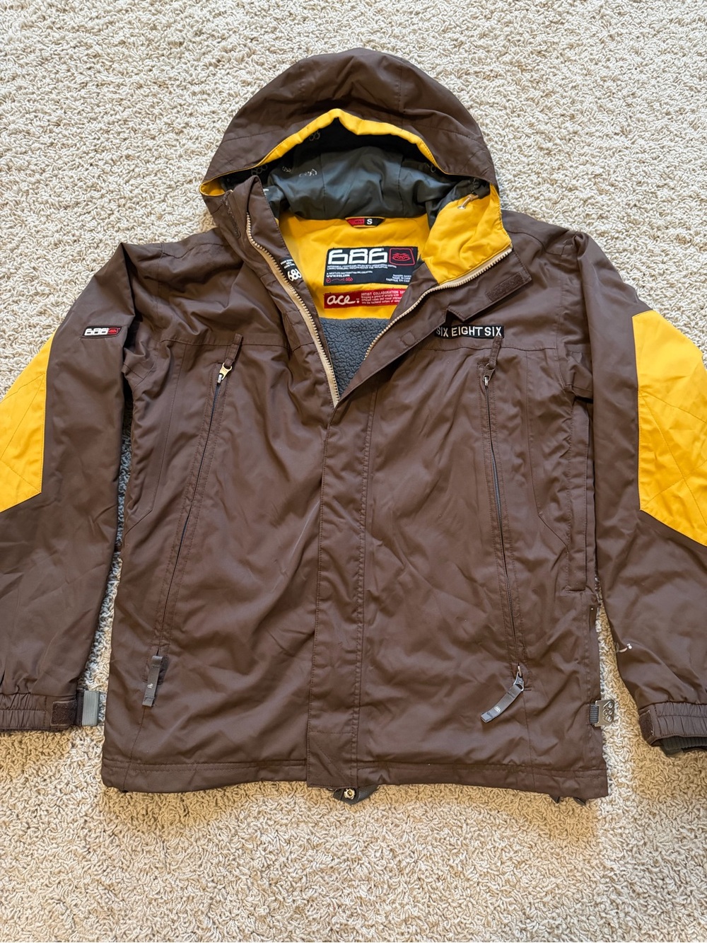 686 Brown and Yellow Men's Ski Jacket with Hood